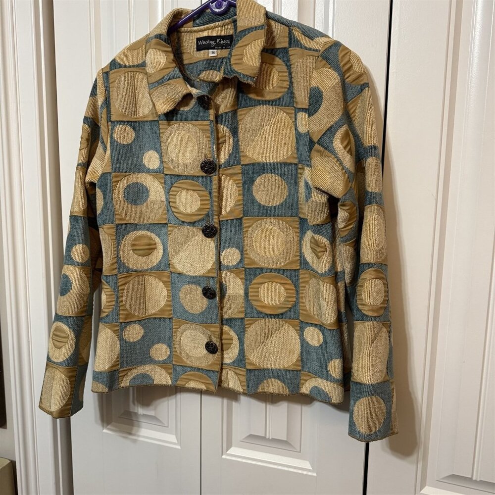 Winding River Blue Tan Geometric Blanket Tapestry Jacket Women's Small Chenille - Picture 1 of 8